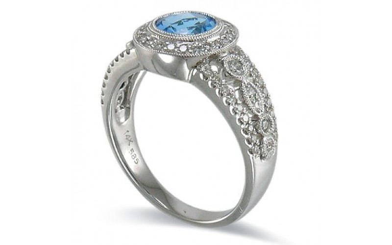 14K White Gold Blue Topaz With Diamond Ring