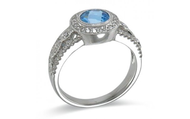 14K White Gold Blue Topaz With Diamond Ring
