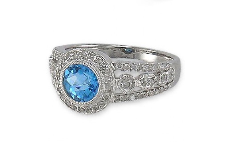 14K White Gold Blue Topaz With Diamond Ring