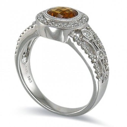 14K White Gold Citrine With Diamond Ring