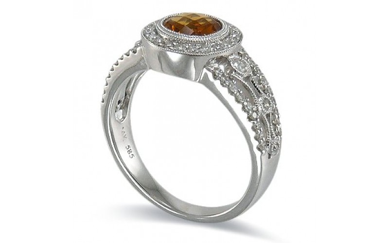 14K White Gold Citrine With Diamond Ring