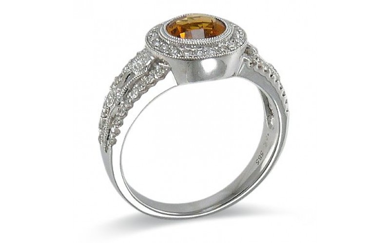 14K White Gold Citrine With Diamond Ring