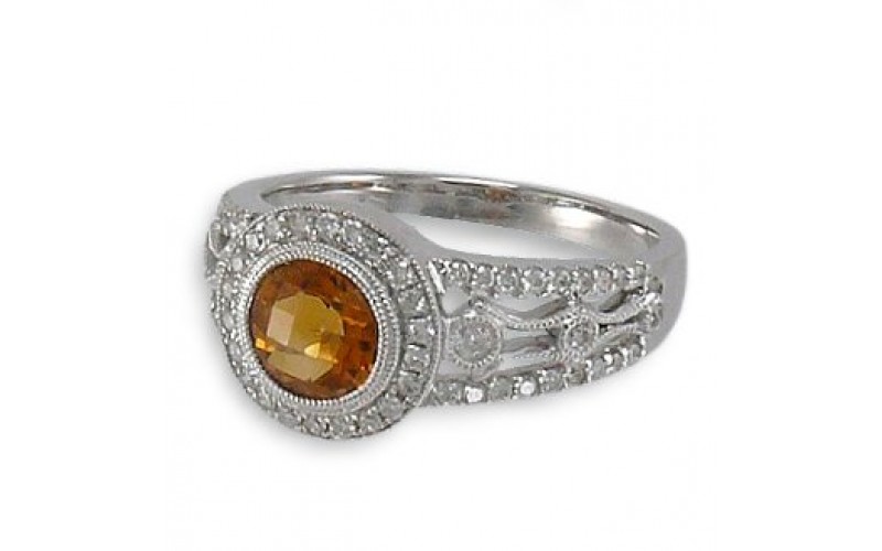 14K White Gold Citrine With Diamond Ring