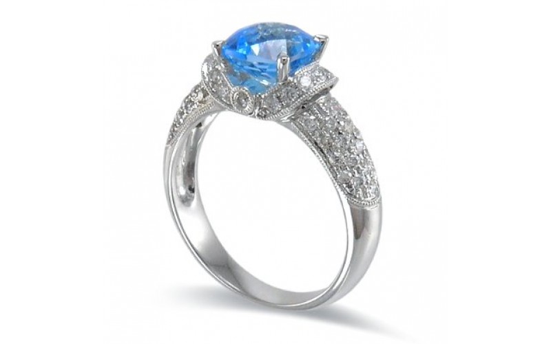 14K White Gold Blue Topaz With Diamond Ring