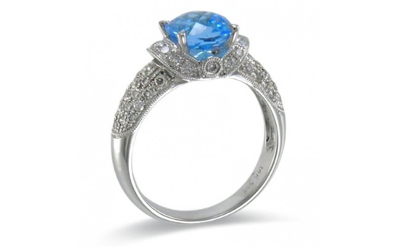 14K White Gold Blue Topaz With Diamond Ring