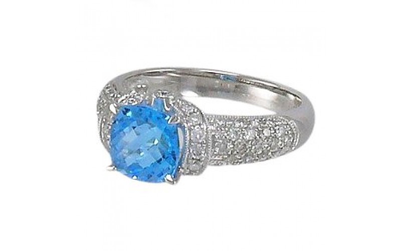 14K White Gold Blue Topaz With Diamond Ring