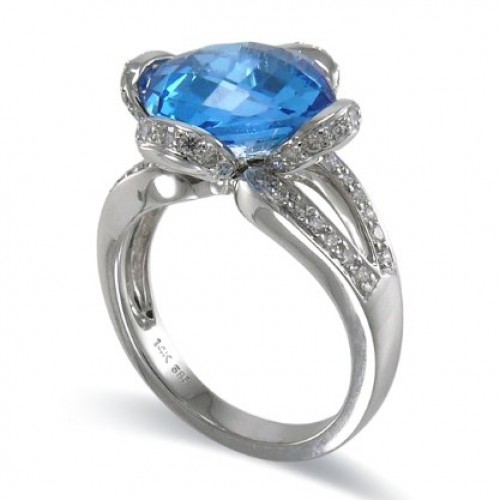 14K White Gold Blue Topaz With Diamond Ring