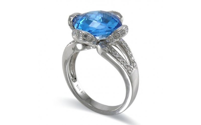 14K White Gold Blue Topaz With Diamond Ring