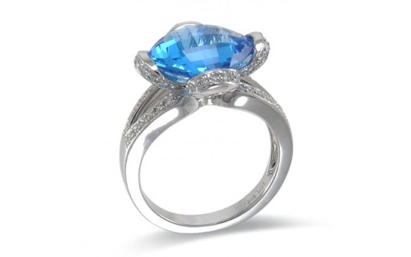 14K White Gold Blue Topaz With Diamond Ring