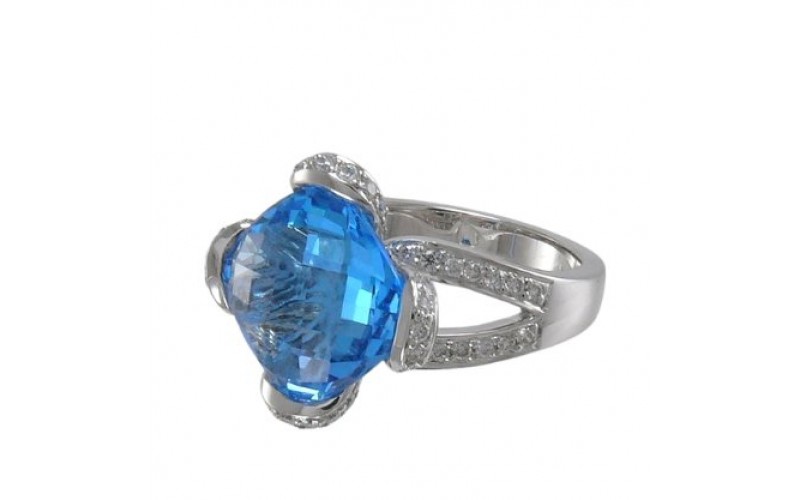 14K White Gold Blue Topaz With Diamond Ring