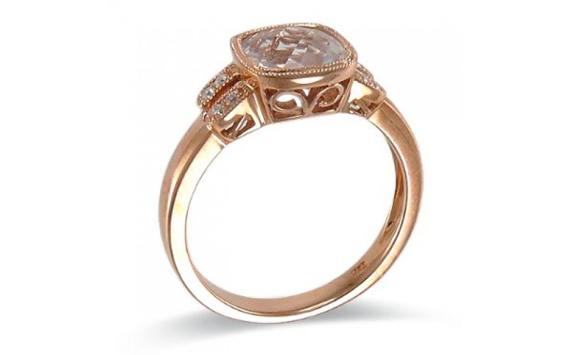 14K Rose Gold White Quartz With Diamond Ring