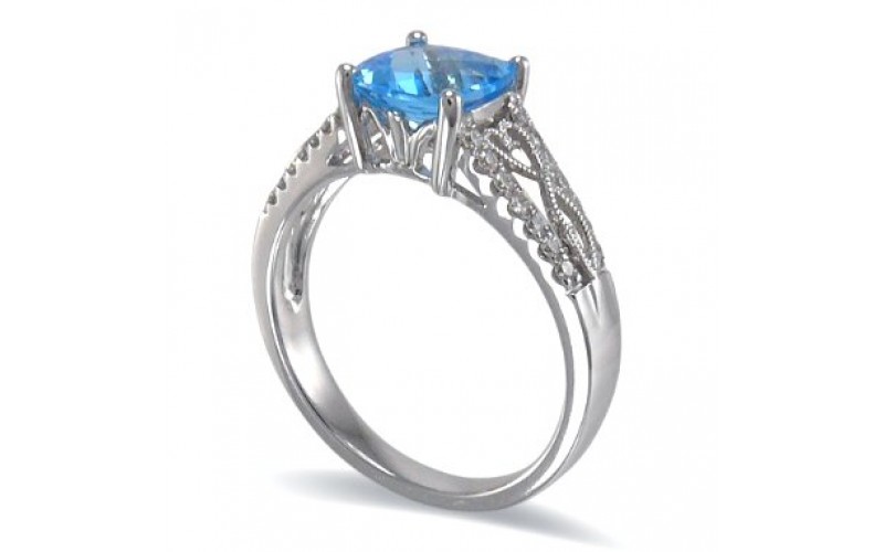 14K White Gold Blue Topaz With Diamond Ring