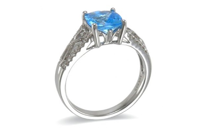 14K White Gold Blue Topaz With Diamond Ring