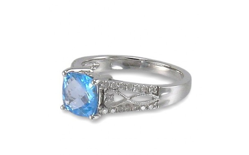 14K White Gold Blue Topaz With Diamond Ring