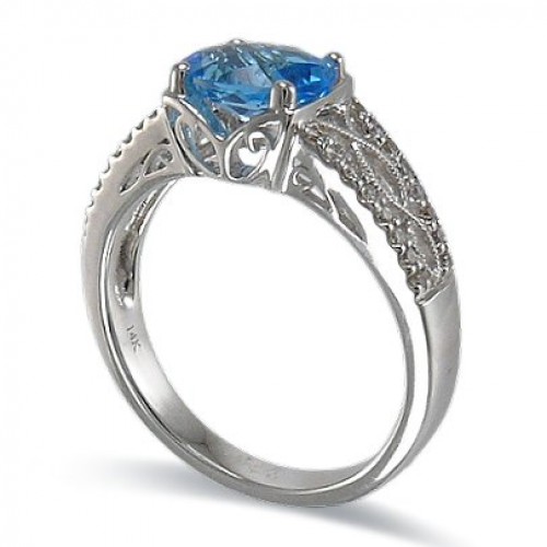 14K White Gold Blue Topaz With Diamond Ring