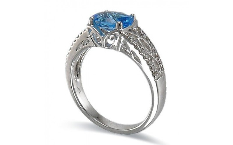 14K White Gold Blue Topaz With Diamond Ring