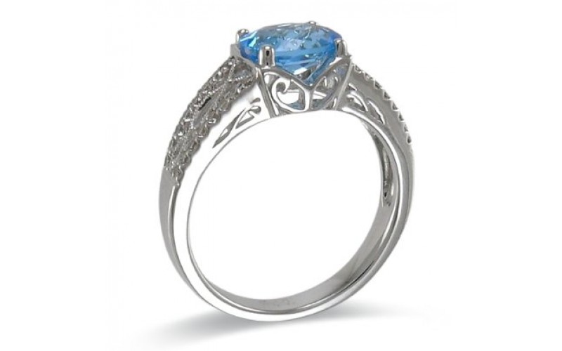 14K White Gold Blue Topaz With Diamond Ring