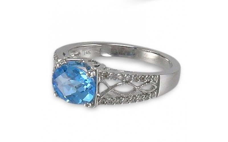 14K White Gold Blue Topaz With Diamond Ring