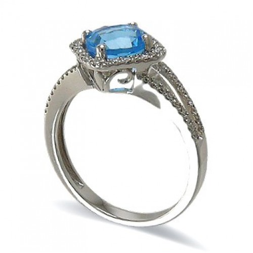 14K White Gold Blue Topaz With Diamond Ring