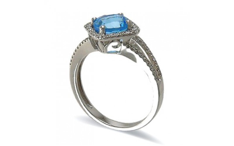 14K White Gold Blue Topaz With Diamond Ring