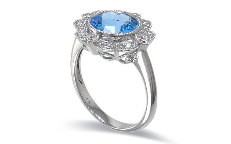 14K White Gold Blue Topaz With Diamond Ring