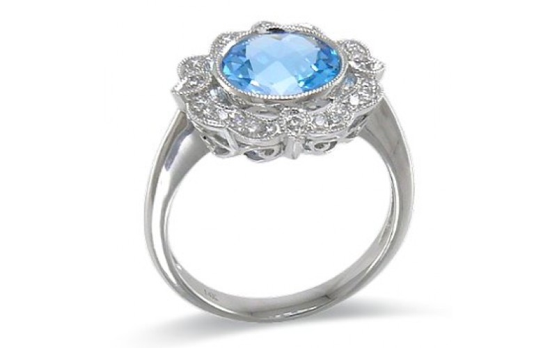 14K White Gold Blue Topaz With Diamond Ring