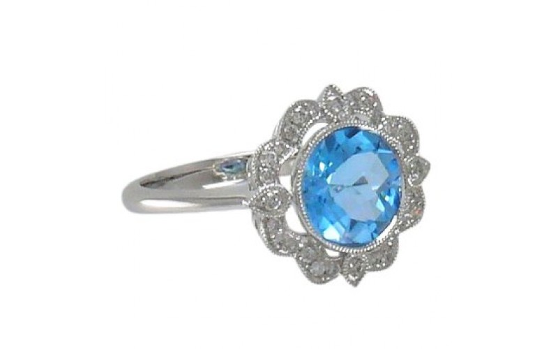 14K White Gold Blue Topaz With Diamond Ring