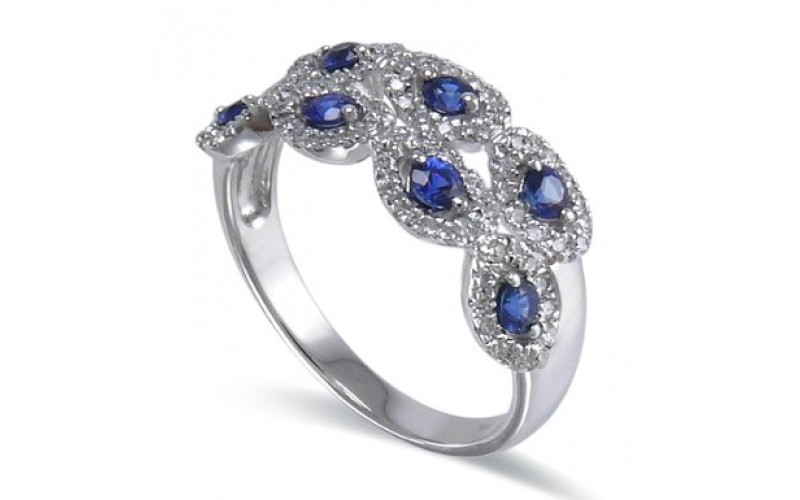 14K White Gold Sapphire With Diamond Ring