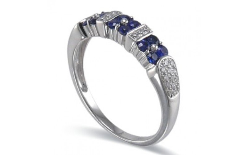 14K White Gold Sapphire With Diamond Ring