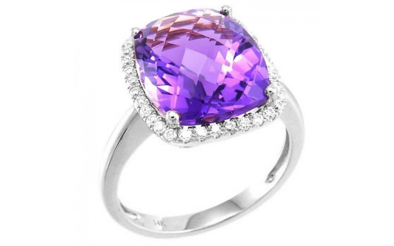 14K White Gold Amethyst With Diamond Ring