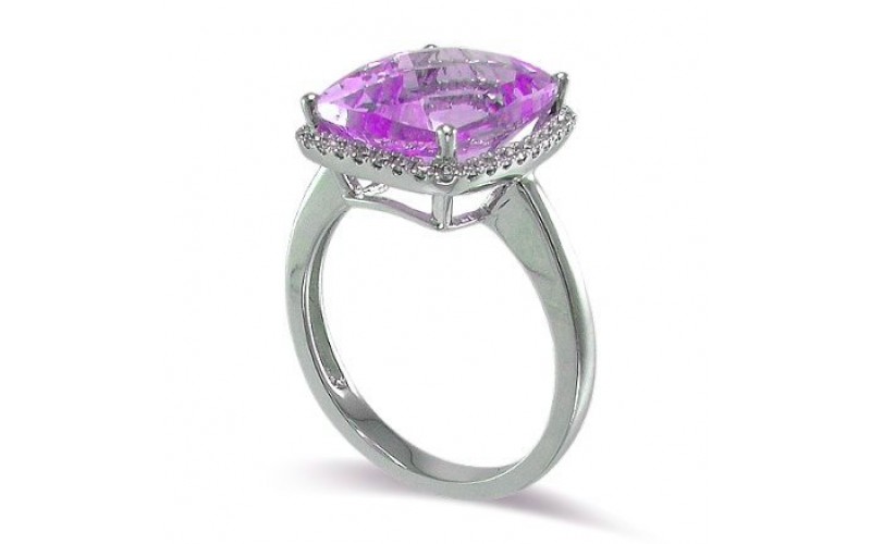 14K White Gold Amethyst With Diamond Ring
