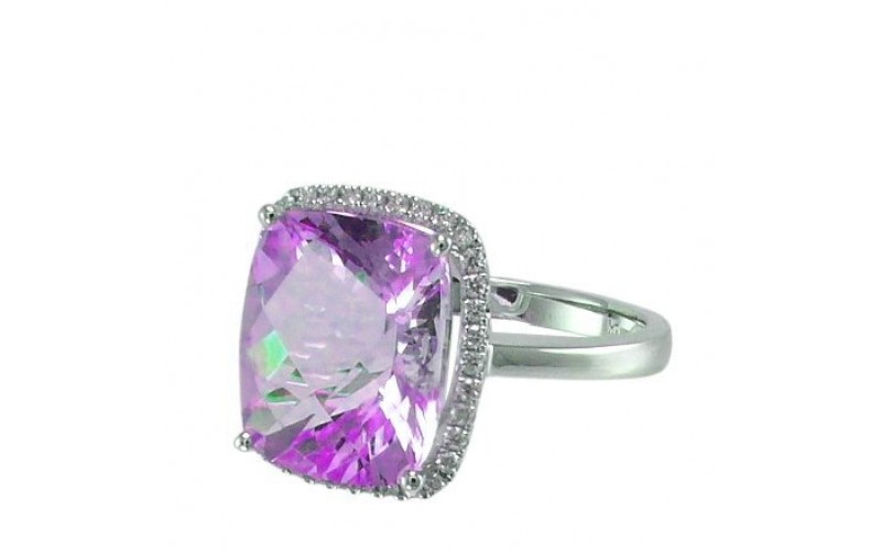 14K White Gold Amethyst With Diamond Ring