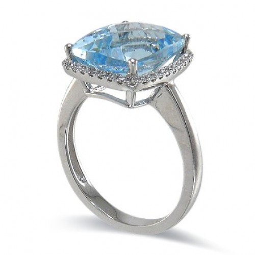 14K White Gold Aquamarine With Diamond Ring