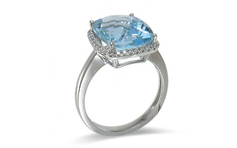 14K White Gold Aquamarine With Diamond Ring