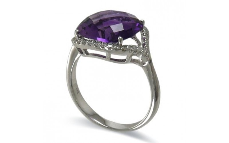 14K White Gold Amethyst With Diamond Ring