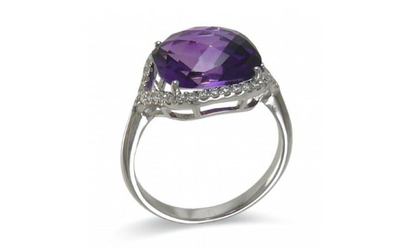 14K White Gold Amethyst With Diamond Ring