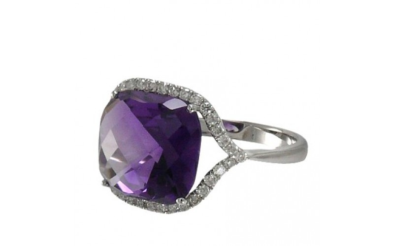 14K White Gold Amethyst With Diamond Ring