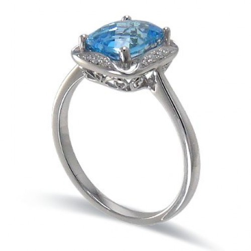 14K White Gold Blue Topaz With Diamond Ring