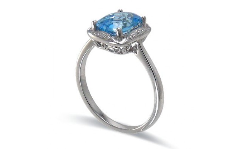 14K White Gold Blue Topaz With Diamond Ring