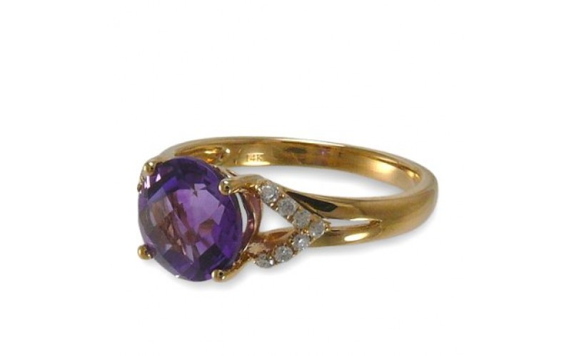 14K Yellow Gold Amethyst With Diamond Ring