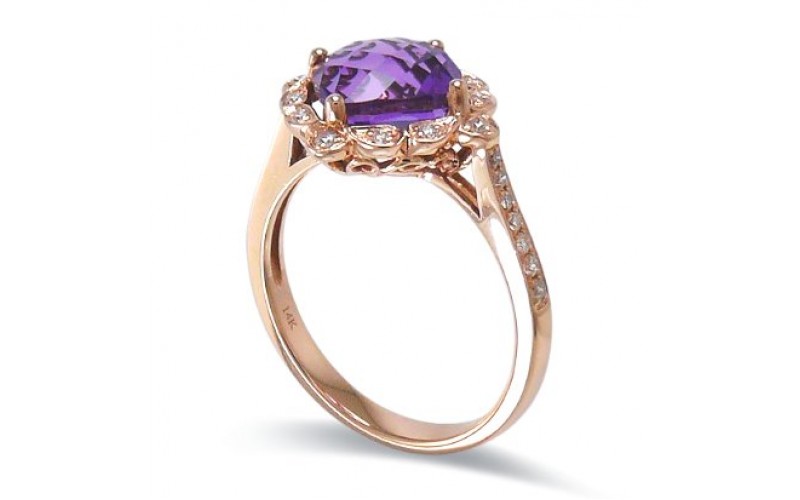 14K Rose Gold Amethyst With Diamond Ring