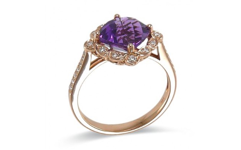 14K Rose Gold Amethyst With Diamond Ring