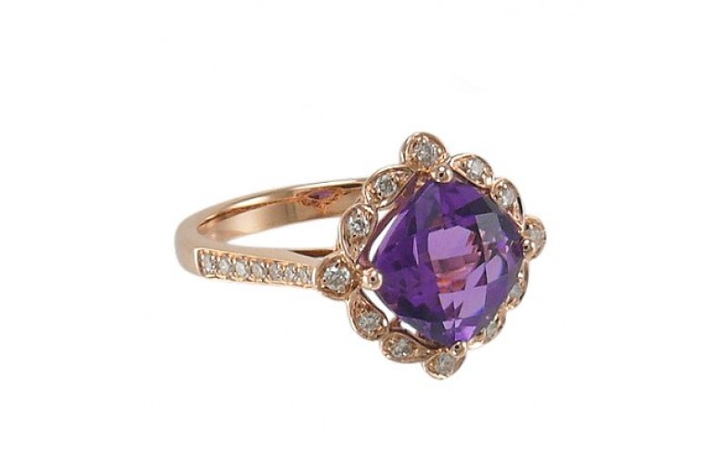 14K Rose Gold Amethyst With Diamond Ring