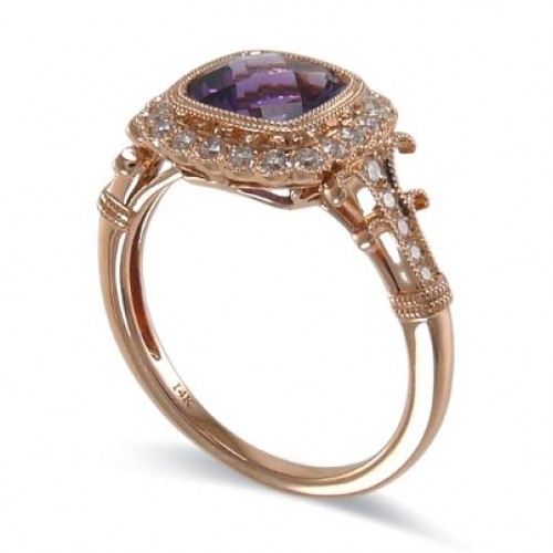 14K Rose Gold Amethyst With Diamond Ring
