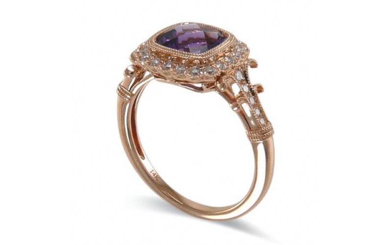 14K Rose Gold Amethyst With Diamond Ring