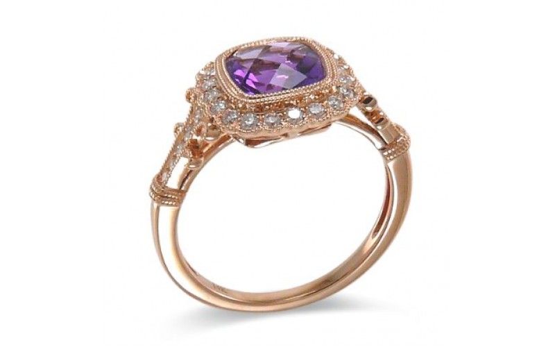 14K Rose Gold Amethyst With Diamond Ring