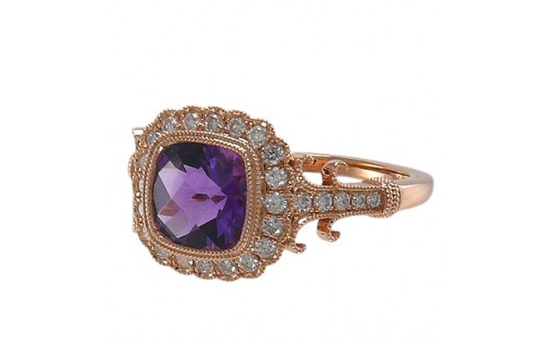 14K Rose Gold Amethyst With Diamond Ring