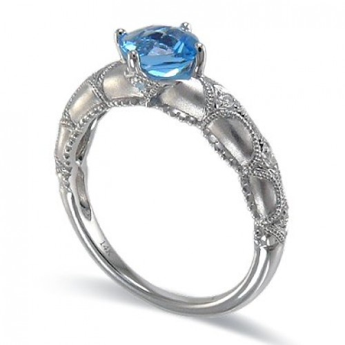 14K White Gold Blue Topaz With Diamond Ring