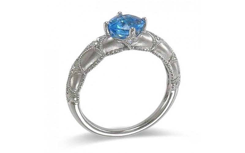 14K White Gold Blue Topaz With Diamond Ring