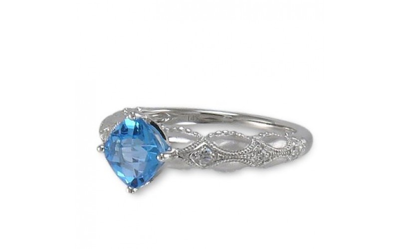 14K White Gold Blue Topaz With Diamond Ring